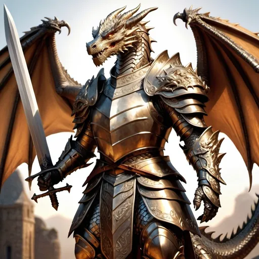 Prompt: hyper-realistic dragon paladin character, full body, radiating sword, fantasy character art, illustration, dnd, warm tone, ornate armor