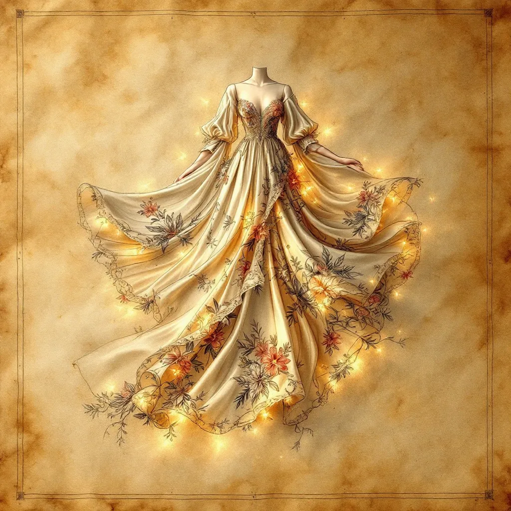 Prompt: technical drawing of a summer dress design, sleeves, tropical style, medieval fantasy, intricately detailed pencil, elegant flowing shapes, rustic parchment background, soft texture contrasts, warm highlights,, artistic presentation, dynamic angles, fashion illustration elements, high-quality craftsmanship, refined, inspiring, showcasing creativity and design excellence, beautiful composition.