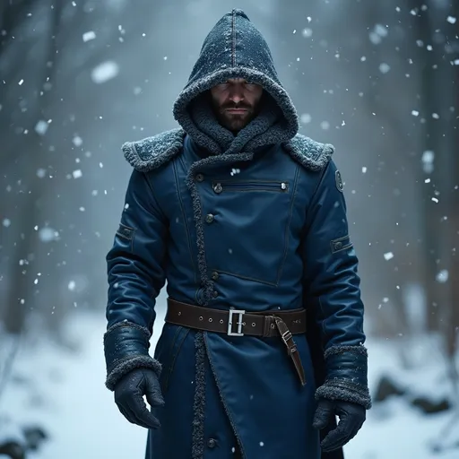 Prompt: Full body, (long full leather shearling coat), (wastelands style), closed, nimble, free range of movement, medieval fantasy, winter armor, tough, dark blue exterior, rugged design, intricate stitching details, atmospheric winter background with falling snowflakes, soft light illuminating the jacket giving it an edgy yet cozy look, ultra-detailed, high quality. 