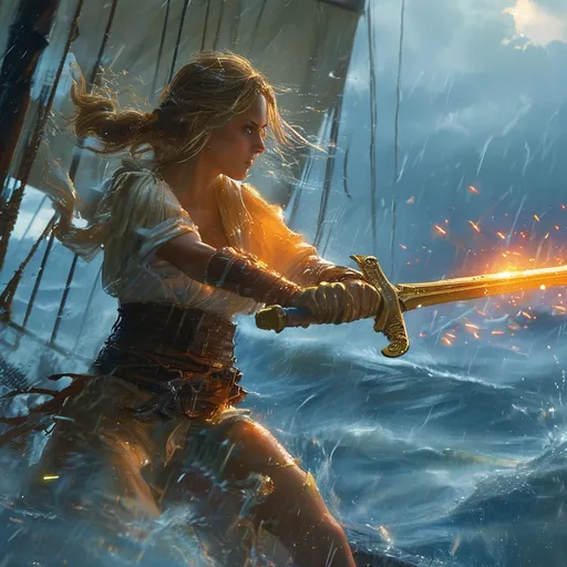 Prompt: (epic swordfight), fight scene, intense scene on a ship, pouring rain, storm clouds swirling ominously, vivid lightning strikes illuminating the dark sky, fierce winds swirling around, (female combatant) wielding a shimmering sword, casting magical spells, high tension and dynamic motion, highly detailed features, dramatic atmosphere, cinematic quality, ultra-detailed, 4K resolution, a clash of power amidst the tempest.