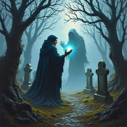 Prompt: (necromancer DnD Adventurer raising the dead), captivating (oil painting), in the style of Anton Pieck, set in a (gloomy) graveyard, undead and skeletons, detailed and haunting atmosphere, rich dark colors, twisting trees shrouded in mist, eerie grave markers, dramatic shadows, ultra-detailed, a hint of magical glow illuminating the necromancer's incantation, evoking a sense of dark enchantment.