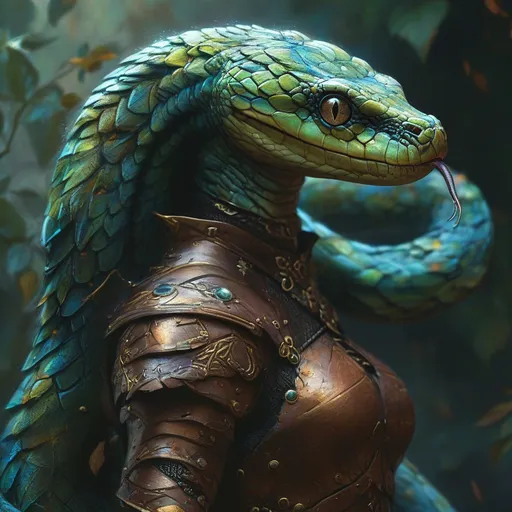 Prompt: humanoid snake hybrid, blue and green scales, medieval fantasy setting, dynamic pose, wearing intricate leather armor, scales glistening under soft light, vibrant green foliage in the background, whimsical atmosphere, fantastical elements around her, high-quality illustration, mystical ambiance, nature entwined with armor, (Dramatic color contrast).