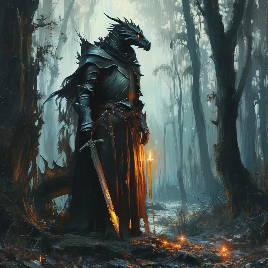 Prompt: oilpainting,  *((small dragon),  a fallen knight)*, dark woods, eerie atmosphere, (pet dragon), (dreadful lighting), (magical broken sword) emitting a soft glow, mystic shadows dancing on the ground, medieval fantasy, magical spells, shadows, enchanting yet haunting scenery, rich details in bark and foliage, (4K), overall vibe of sadness intertwined with a touch of magic, emotionally resonant and dramatic.