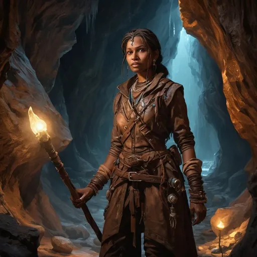 Prompt: photo realistic, female adivasi explorer character in large cavern complex, lighting crytals, glowing mages staff, oil painting, sharp lines,detailed faces, perfect faces,leather coats, stalagmites, stalagtites, detailed, high quality, mushrooms, dark earthern tones, torchlight, Victorian attire, elaborate explorer gear, ancient carvings, mysterious atmosphere, old world charm,