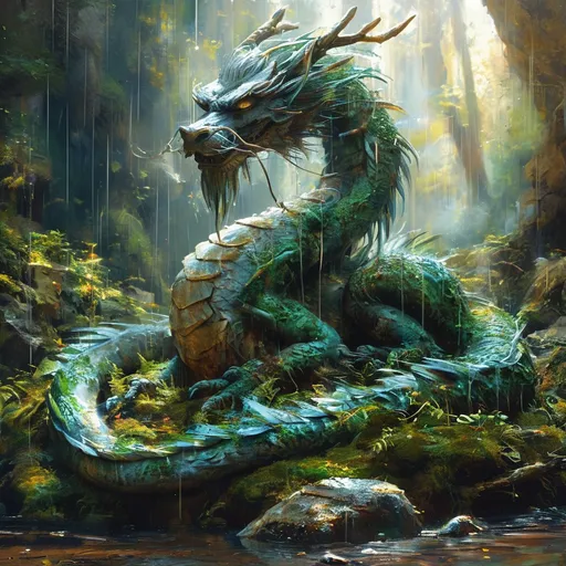 Prompt: (stone western sleeping dragon statue), (overgrown with moss and plants), magnificent wings, (ceremonial resting giants), deep rainforest, sunlight streaming through ancient trees, ethereal atmosphere, mystical ambiance, rich greens and browns, soft golden light, serene background, oil painting masterpiece, capturing the awakening of the gods, high detail, enchanting scene, tranquil yet powerful mood, ultra-detailed composition.