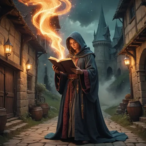 Prompt: Wizards apprentice on the road in a medieval fantasy setting, (illuminating spellbook), spells in the air, alena aenami style, oversized robes, vibrant and dramatic colors, magical atmosphere, swirling spell effects, ancient tomes and parchment, ultra-detailed, HD, high depth cinematic masterpiece.