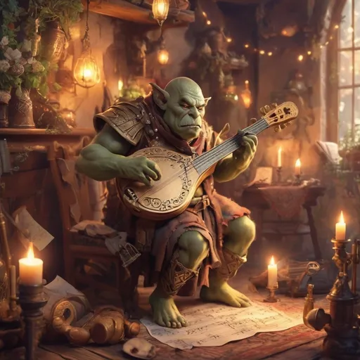 Prompt: realistic, DnD orc bard playing instrument, magical musical notes streaming in the air, vintage warm tones, intricate details, whimsical fantasy, medieval, high quality, digital art, charming, enchanting, intricate details, cozy lighting