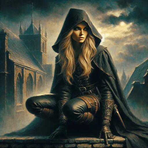 Prompt: oil painting, Medieval fantasy, blonde female assasin in the shadows , rooftop, full body, fantasy,  dark cloak, fantasy,  high quality, detailed, sneaking, lurking, squating, atmospheric,  dark lighting,  mystical aura, anton piek, misty setting, moonlight, surveying look, intense eyes,  concealed,smiling,