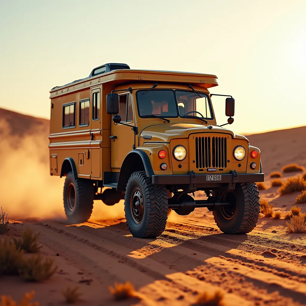 Prompt: (vintage truck transformed into a cozy motorhome), steering front wheels, large rugged wheels, adventurous off-road setting, (smooth, rounded curves), sun-drenched landscape, dramatic shadows across the ground, rich earth tones, high quality 4K, ultra-detailed textures, warm and inviting ambiance, perfect for exploration and travel.