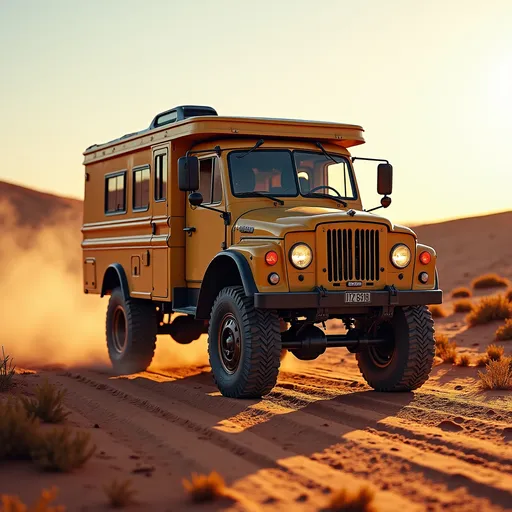 Prompt: (vintage truck transformed into a cozy motorhome), steering front wheels, large rugged wheels, adventurous off-road setting, (smooth, rounded curves), sun-drenched landscape, dramatic shadows across the ground, rich earth tones, high quality 4K, ultra-detailed textures, warm and inviting ambiance, perfect for exploration and travel.