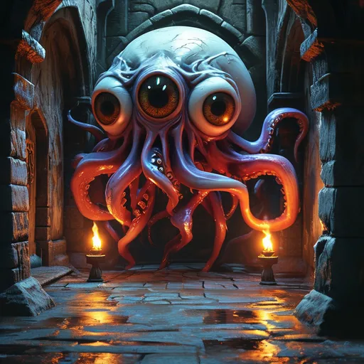 Prompt: (DnD beholder), (10 smaller eyestalks), (one big centre eye), dark dungeon setting, stone walls, eerie shadows, flickering torchlight casting ominous glows, high detail, dramatic lighting, atmospheric depth, (4K), intense and foreboding ambiance, mysterious textures and elements, captivating fantasy scene.