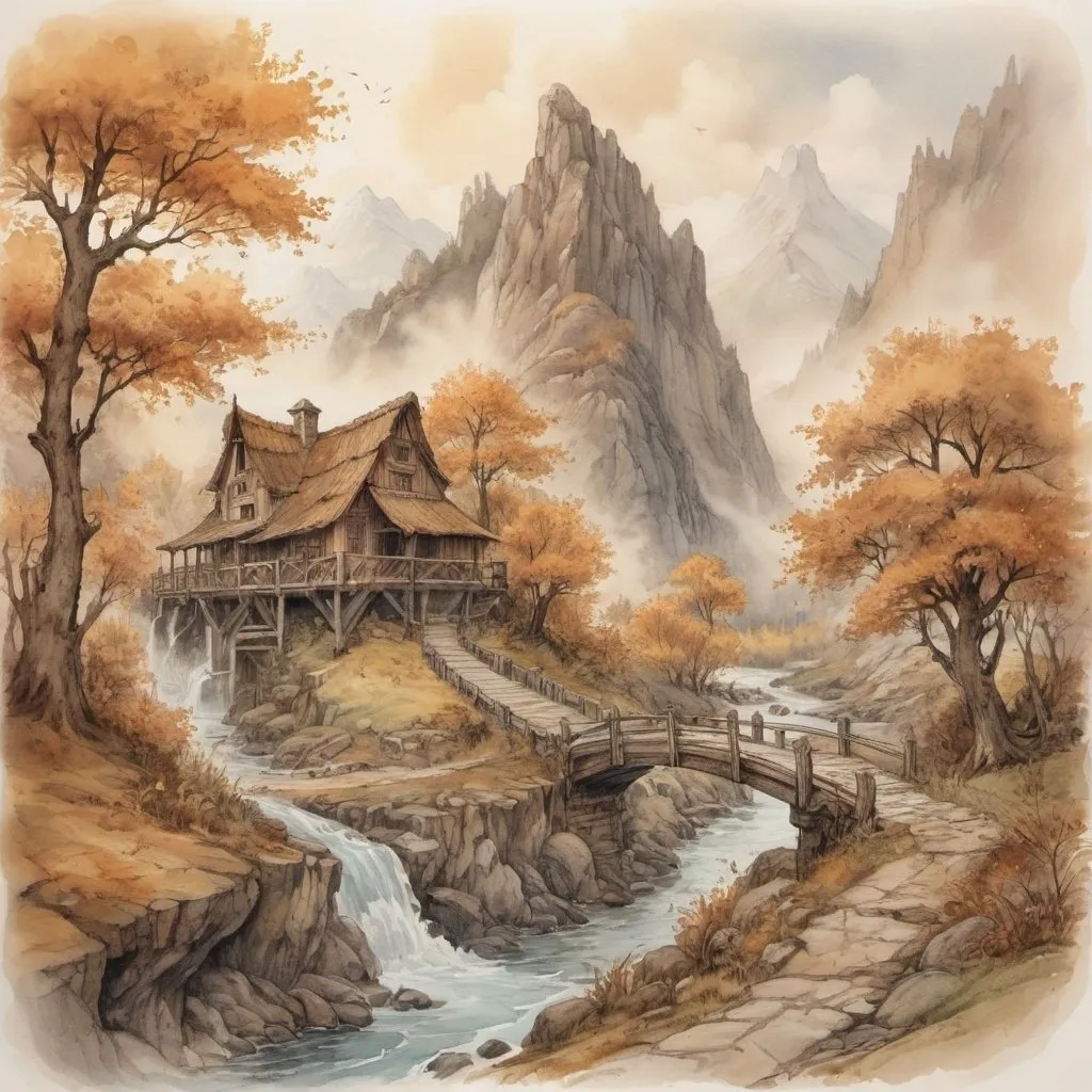 Prompt: Anton Pieck style, medieval fantasy watercolor mountain landscape, trees, humble farm with barn, connected roads autum, brown leaves, wind, Wild water river, waterfalls,wooden Bridge, detailed stone, mysterious, foggy, sweeping golden clouds, professional quality, 