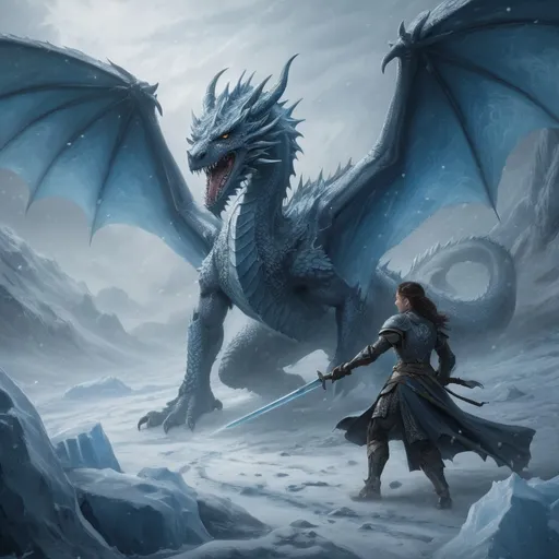 Prompt: oil painting of a (frost dragon ambush), scene of intense medieval fantasy, against a (female warrior) poised for battle with shield and sword, surrounded by swirling ice and frost, cold blue tones, dark, moody atmosphere, detailed dragon features glistening with ice, battle-ready stance with a sword in hand, intricate armor designs reflecting icy textures, snowy landscape background, high-quality 4K resolution, ultra-detailed and dynamic composition.