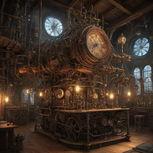 Prompt: (Flying steampunk medieval fantasy contraption), Radiating lights, anton pieck style, intricately designed laboratory equipment, rich and deep colors, mysterious and awe-inspiring atmosphere, warm and soothing lighting, gears and cogs, mechanical wings, detailed metalwork, leather straps, glowing crystal fuels, ultra-detailed, 4K, high resolution, concept art, high quality craftsmanship, enchanting setting, fantasy elements interwoven with steampunk aesthetics