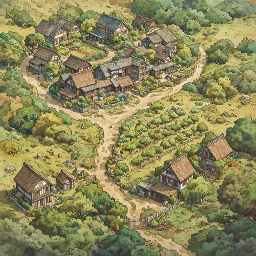 Prompt: aerial view of a japanese farm in a rural japanese style village, crob fields, orchards,  medieval fantasy setting, watercolor painting anton pieck style, soft and muted colors, warm ambient lighting, filled with dust motes, nostalgic atmosphere, charming clutter, whimsical and dreamy quality