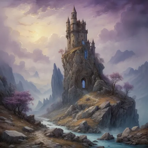 Prompt: (An oil painting of a rocky landscape with a stone magetower) in medieval fantasy style, anton pieck, dramatic lighting, Wisps of blue and purple illuminated fog, detailed textures, wild stream, enchanting atmosphere, foggy valleys, ancient stone structures, wildflowers, rustic charm, ultra-detailed, high resolution, golden clouds, masterpiece quality, deep shadows rich contrast, realistic proportions, intricate details, nature's grandeur