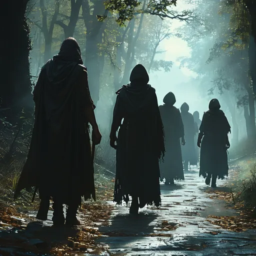 Prompt: (thugs, robbery, medieval fantasy), dramatic scene unfolding on a cobblestone country road, shadowy figures lurking, at the edge of a forest, intense expressions on faces, dimly lit atmosphere, (misty twilight), intricate details of medieval attire, tension palpable, high-quality, ultra-detailed, cinematic ambiance designed to evoke excitement and suspense.