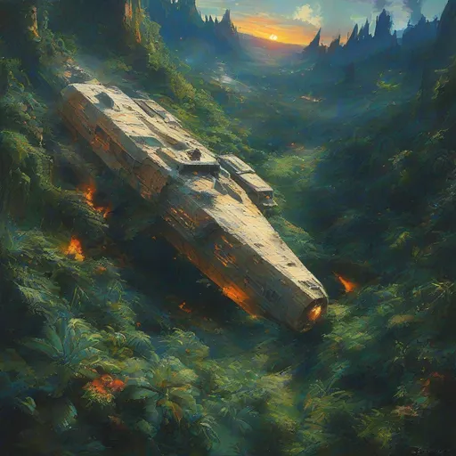 Prompt: aerial view of (a large crashed space ship), (lush jungle background), (dramatic cliffs), debree field, (small patches of flickering fire), oil painting style, vibrant colors, planet rising in the night sky, rich textures, contrasting warmth of flames against cool jungle greens, atmospheric depth, high detail, creating a sense of adventure and mystery.