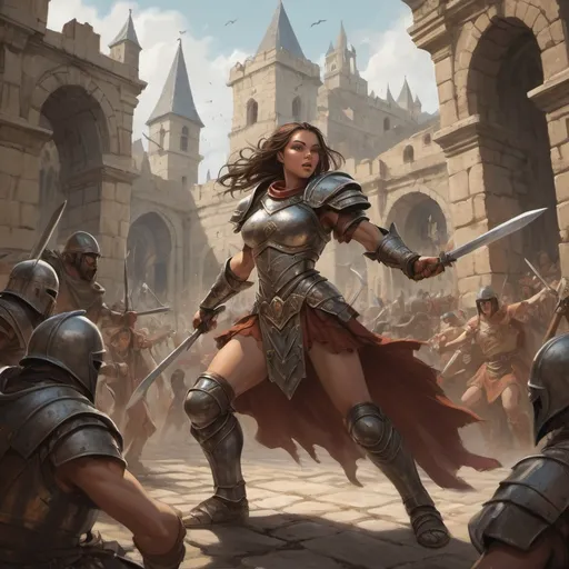 Prompt: (Female DnD character) engaged in a gladiator-style fight, fierce expression, detailed armor, poised with a weapon, (majestic beast) ready to attack, surrounded by (medieval fantasy arena) with ancient stone architecture in the style of Anton Pieck, vibrant colors, dramatic shadows, high tension atmosphere, cheering crowd in the background, (ultra-detailed), high-quality composition.