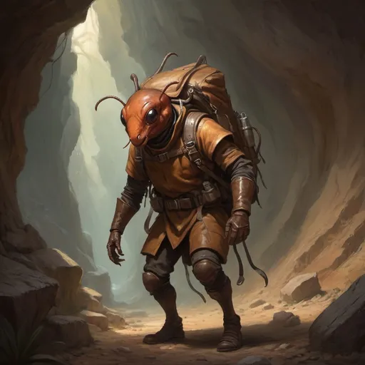 Prompt: (humanoid ant), DnD character, mandables,  medieval adventurer, dungeon crawling, exploring dimly lit caves, rugged landscape, richly detailed oil painting, expressive facial features, sturdy leather backpack, atmospheric shadows, vibrant earth tones, mysterious ambiance, high-quality craftsmanship, dynamic composition, encapsulating the spirit of adventure and discovery.