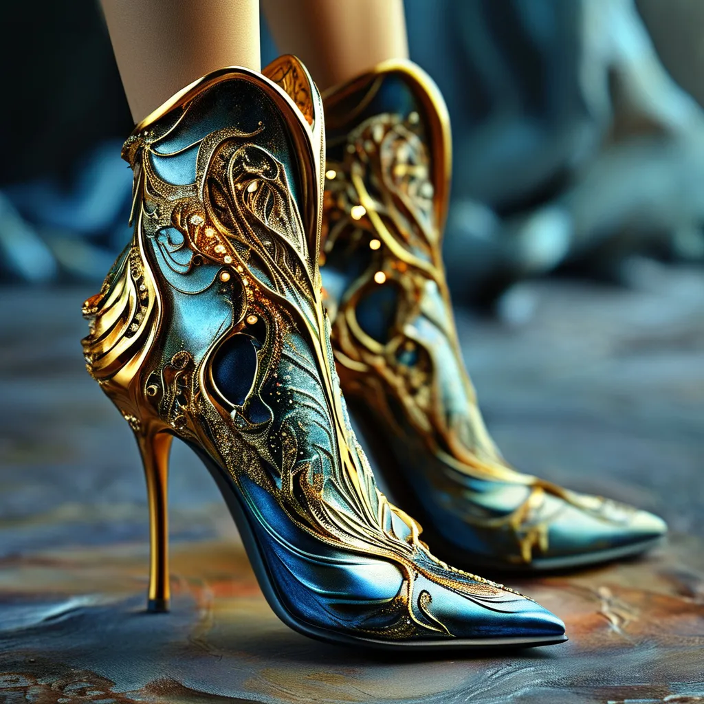 Prompt: (intricate crystal calf-high high heel boots), elegant design, new shapes,  lacquer style, reflecting light, strong flowing shapes, detailed craftsmanship, elegence, ultra-detailed, 4K resolution, exquisite visual composition,