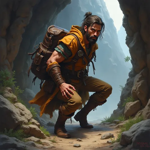 Prompt: (ant dnd Character), medieval adventurer, dungeon crawling, exploring dimly lit caves, rugged landscape, richly detailed oil painting, expressive facial features, sturdy leather backpack, atmospheric shadows, vibrant earth tones, mysterious ambiance, high-quality craftsmanship, dynamic composition, encapsulating the spirit of adventure and discovery.