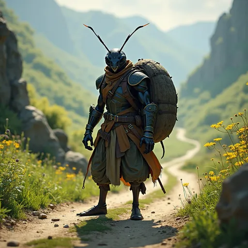 Prompt: Ant symbiosis (DND character adventurer worrior), with striking ant-like features, (detailed black carapace), standing confidently on a winding road surrounded by lush fields, (ridiculous large oversized backpack) slung over shoulder, medieval fantasy atmosphere, vibrant colors saturating the landscape, (dynamic angle), ethereal lighting casting dramatic shadows, presenting a heroic ambiance, ultra-detailed, imaginative narrative-driven scene.