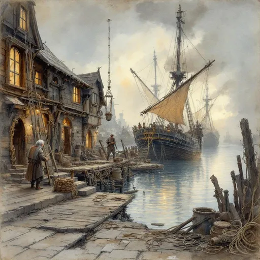 Prompt: (old man ship builder), (antique wooden wharf at the waters edge), (cranes and ropes) in intricate detail, medieval fantasy setting, watercolor painting anton pieck style, soft and muted colors, warm ambient lighting, filled with dust motes, nostalgic atmosphere, charming clutter, whimsical and dreamy quality, ultra-detailed, inviting vibe that captures the essence of craftsmanship and imagination.