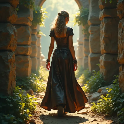 Prompt: (realistic image of a stunning mistress), full female body, walking away with a (dominant stance), long leather medieval dress, looking over shoulder, set amidst ancient ruins, (magical spells) swirling in the air, ethereal glow, rich textures, warm sunlight illuminating the scene, lush foliage intertwining with broken stone, creating an enchanting and mysterious atmosphere, (ultra-detailed, 4K quality).