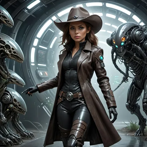 Prompt: full body Cowgirl in futuristic sci-fi setting, cowboy hat,  high-tech materials, detailed cowgirl outfit with leather duster trenchcoat, overcoat, intense and confident expression, alien planet, alien animals, bionic inplants on the face, high-res, ultra-detailed, sci-fi, laser guns, sciborg, futuristic, cowgirl, high-tech, detailed outfit, atmospheric lighting