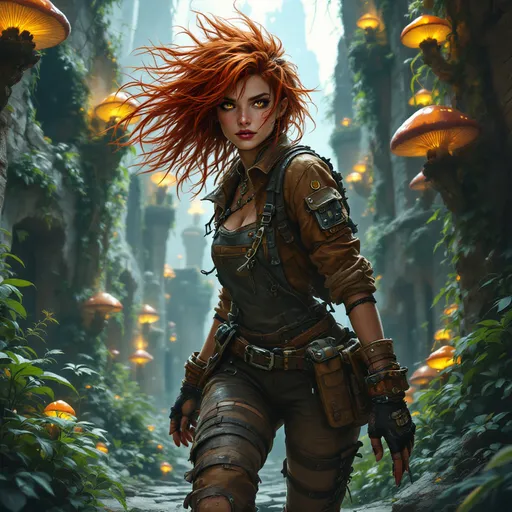 Prompt: digital art, Cute Tinkerer woman adventurer, medieval fantasy setting, wearing leather overalls, heavy boots, hat and jacket, adorned with various tools, chaotic red hair flowing wildly, showcasing a toned physique, exploring ancient ruins filled with mystical traps, dramatic lighting creating shadows, lush overgrown vegetation in the background, atmospheric tension and excitement, detailed, capturing the essence of adventure and discovery.