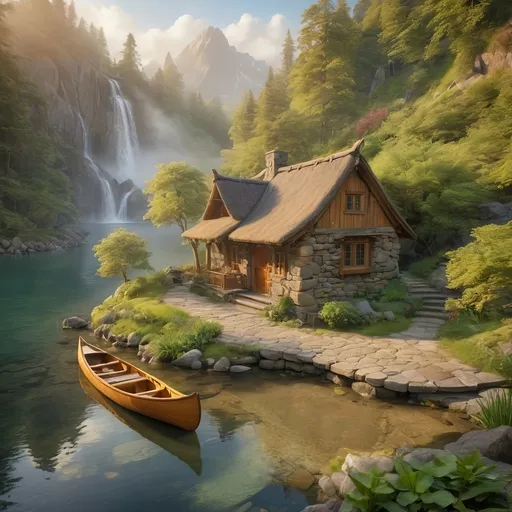 Prompt: aerial view, (charming rustic stone boathouse at tranquil mountain lake), small mountain path leading to front door, fairytale-like surroundings, serene atmosphere, wooden canoe at the shore, misty water, waterfall in background, enveloped in lush nature, calming golden morning light, sun's rays piercing through, ultra-detailed, picturesque landscape, whispering tranquility, enchanting beauty of nature, reflecting calmness and peace.