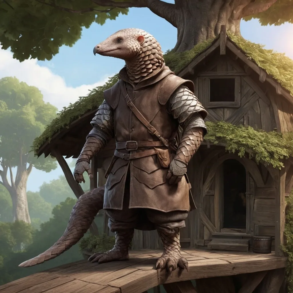 Prompt: realistic digital art, full body medieval fantasy laborer pangolin, DnD style character, in front of a tree house, high detail, full body,
