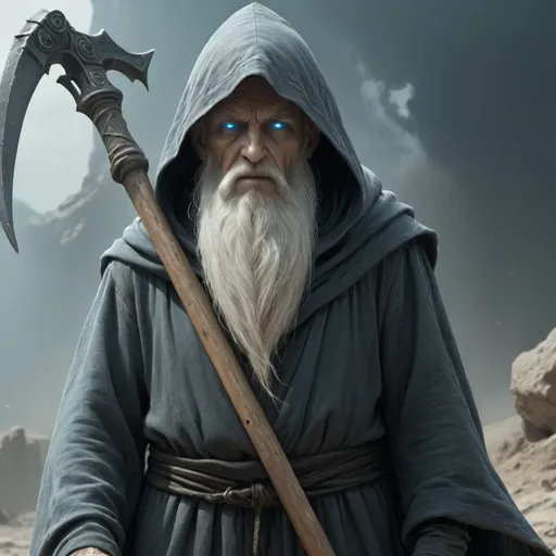 Prompt: (mysterious old man wielding a reaper scythe), long white beard, hooded in dark grey tattered robes, an hourglass on his belt, (ancient blue illuminating eyes),  sunny day, ultra-detailed, cinematic masterpiece, 4K.