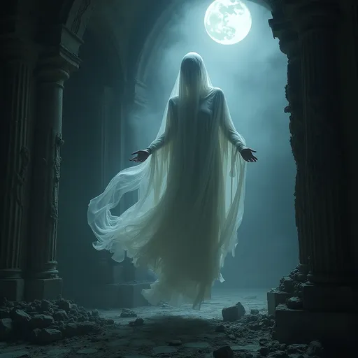 Prompt: (spooky ghost), floating in ancient ruins, (medieval fantasy setting), ethereal and translucent spectre, eerie atmosphere, dimly lit environment with rays of moonlight filtering through debris, mystical shadows, high detail, enchanting yet somber ambiance, (delicate wisps of mist), profound depth, captivating visual narrative.