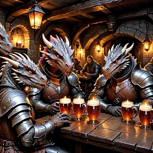 Prompt: A group of (dragon born knights) sitting in a cozy (medieval tavern), wearing (scalemail armor), holding (wooden mugs) filled with ale, emitting a sinister and dark atmosphere, warm flickering candlelight illuminating their scaly skin, detailed rustic wooden furniture surrounding them,  serious devotionevident, (ultra-detailed), (fantasy setting), showcasing the essence of (Dungeons & Dragons) characters.