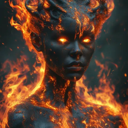 Prompt: (female humanoid fire elemental), body covering blazing flames, body of magma,  ethereal glow, flickering light, fiery aura, intense heat, swirling embers, charred ground, vibrant orange and red tones, high-contrast lighting, dramatic shadows, mystical atmosphere, otherworldly, inferno background, ultra-detailed, 4K, fantasy art, epic scene, high-intensity, mesmerizing blaze, darkened surroundings, smokey tendrils