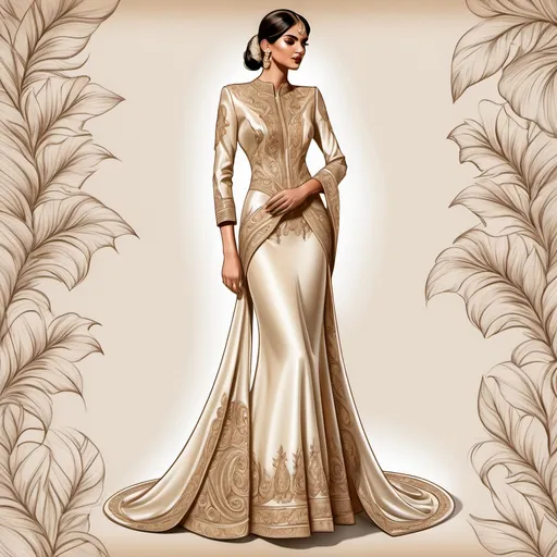 Prompt: technical drawing of a indian style satin silk weddingdress design, sleeves, tropical modest style, intricately detailed drawing, elegant flowing shapes, rustic parchment background, soft texture contrasts, warm highlights, artistic presentation, dynamic angles, fashion illustration elements, high-quality craftsmanship, refined, inspiring, showcasing creativity and design excellence, beautiful composition.