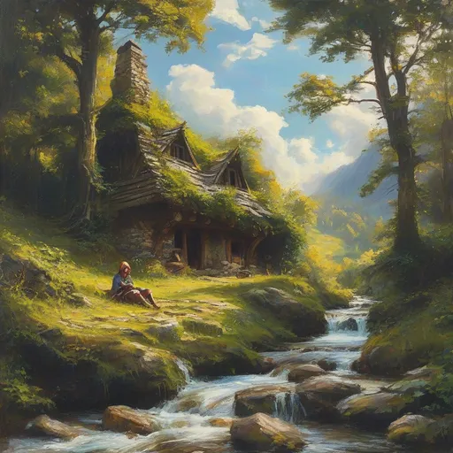 Prompt: (peaceful medieval fantasy hut), stone and wooden structure, nestled beneath large leafy tree branches, anton peick style oil painting, idyllic hilly flowing landscape, same lone trees surrounding, adventurer resting in the grass, charming little stream with stones and gentle falls, vibrant sunny day with glowing golden clouds, (ultra-detailed), rich colors, dreamy atmosphere, inviting nature scene, tranquil and serene ambiance.