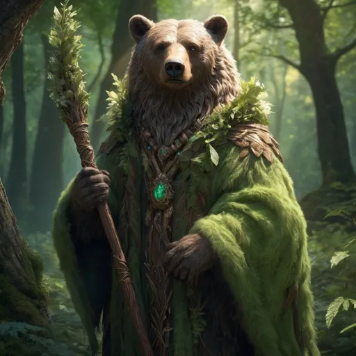 Prompt: Bear druid DnD character, (fantasy), intricately detailed fur robe blending with the woodland scenery, holding a gnarled wooden staff adorned with leaves and crystals,  vibrant green foliage in the background, enchanting lighting casting soft shadows, magical ambience, highly detailed, ultra-detailed, 4K.