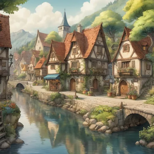 Prompt: (cozy anime village on the waterfront), (Anton Pieck style), watercolor animation, soft lighting, vibrant colors, medieval fantasy, colorful scenery, coblestone streets, tranquil atmosphere, warm tones, lush greenery, charming cottages, gentle water reflections, serene ambiance, vibrant flowers, picturesque detail, inviting pathways, ultra-detailed, HD.