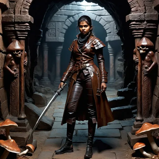 Prompt: photo realistic full body, female adivasi DnD character exploring a dungeon, sabre at the ready, oil painting, sharp lines, detailed face, perfect face, glossy leather coat, victorian style outfit, stalagmites, stalagtites, detailed, high quality, mushrooms, dark tones, danger lurking in the shadows, elaborate explorer gear, ancient carvings, mysterious atmosphere, old world charm, 