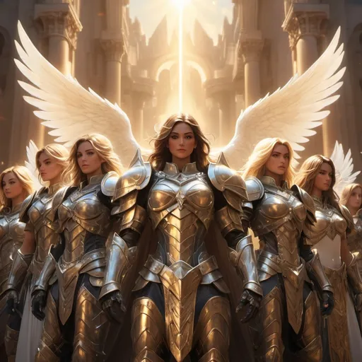 Prompt: (angelic light), impressive group of paladins, detailed and ornate armor reflecting a shimmering glow, standing together in a majestic formation, sacred atmosphere, vibrant and warm lighting encapsulating the scene, ultra-detailed, epic landscape background, heightened sense of unity and purpose, powerful and divine essence radiating from their presence, cinematic masterpiece.