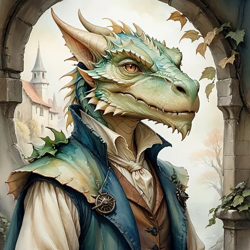 Prompt: realistic portrait of a dragonborn DnD Character, (Anton Pieck style), watercolor, whimsical and enchanting scene, soft color palette, dreamy ambiance, intricate details, gentle brush strokes, high-quality look, ethereal atmosphere, infused with a sense of nostalgia and wonder, ultra-detailed.