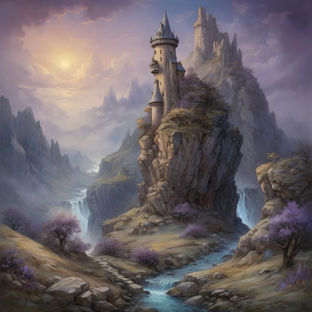 Prompt: (An oil painting of a rocky landscape with a stone magetower) in medieval fantasy style, anton pieck, dramatic lighting, Wisps of blue and purple illuminated fog, detailed textures, wild stream, enchanting atmosphere, foggy valleys, ancient stone structures, wildflowers, rustic charm, ultra-detailed, high resolution, golden clouds, masterpiece quality, deep shadows rich contrast, realistic proportions, intricate details, nature's grandeur