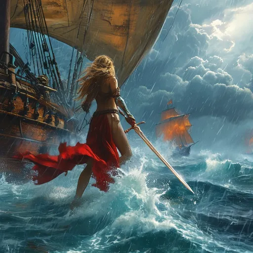 Prompt: (epic swordfight), fight scene, intense scene on a ship, pouring rain, storm clouds swirling ominously, vivid lightning strikes illuminating the dark sky, fierce winds swirling around, (female combatant) wielding a shimmering sword, casting magical spells, high tension and dynamic motion, highly detailed features, dramatic atmosphere, cinematic quality, ultra-detailed, 4K resolution, a clash of power amidst the tempest.