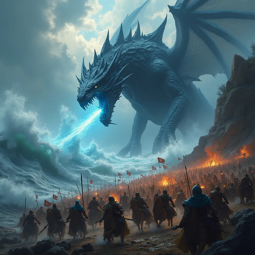 Prompt: aerial view, grant armies, (battle scene featuring) leviathan, (medieval fantasy) warriors clashing, great armies gathered, powerful DnD characters, dynamic magical spells soaring through the air, tumultuous waves crashing, dramatic stormy skies above, intense action and chaos, detailed armor and weaponry, ethereal light from spells, vivid colors, ultra-detailed, immersive atmosphere.