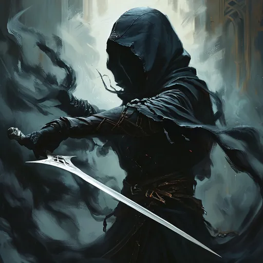 Prompt: shadow assassin DnD character, (swirling black smoke) enveloping a lithe figure, (blade at the ready) poised for action, (medieval fantasy) atmosphere, deep shadows contrasting with faint glimmers of light, mysterious aura surrounding the character, high detail textures, (dramatic lighting) creating tension and intrigue, dark tones, (4K resolution) for a captivating and immersive scene.