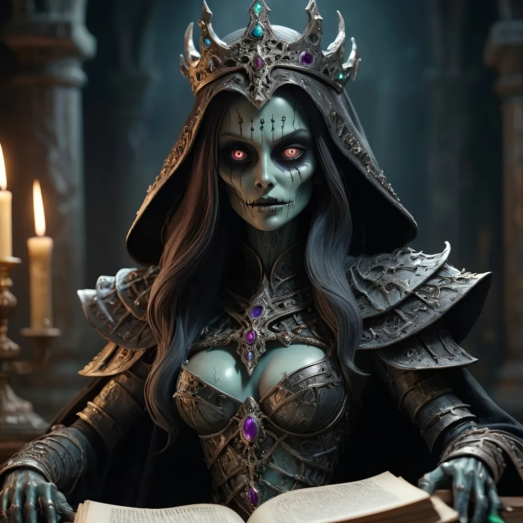 Prompt: realistic full body, (powerful lich), (goddes of death), dark and ominous shadows, (decomposing) body and face, piercing eyes with magical illumination, detailed armored robes, medieval fantasy, ancient magical floating book of creation, emanating a sense of deep knowledge and wisdom, mystical atmosphere, intricate details, high contrast, regal aura, (4K), ultra-detailed, evokes a sense of both allure and danger, shadows billowing around her, otherworldly presence.