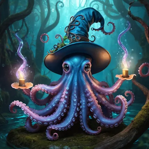 Prompt: realistic Cute magical floating octopus mage, medieval fantasy art style, vibrant color palette, forrest, whimsical details, high quality, wizards hat, detailed tentacles, mystical, blue illuminating magical swirls, glowing eyes,whimsical, magical, medieval fantasy, vibrant colors, floating, mage dnd Character, tentacle legs, tentacle hands,  atmospheric lighting, intricate victorian mages robes